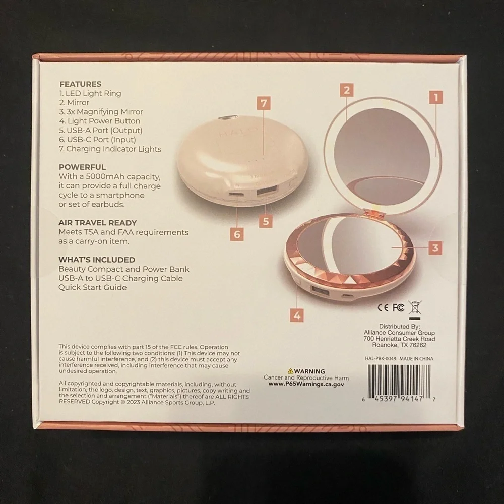 NEW - HALO 3-in-1 Compact Mirror w/ Light and 5,000mAh Power Bank. Color: Peach